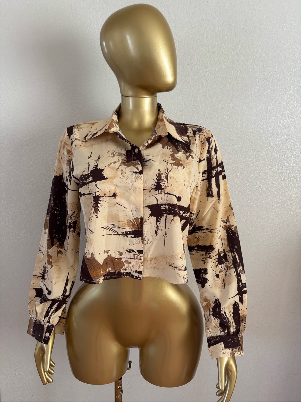 Abstract Print Beige Button-Front Crop Shirt